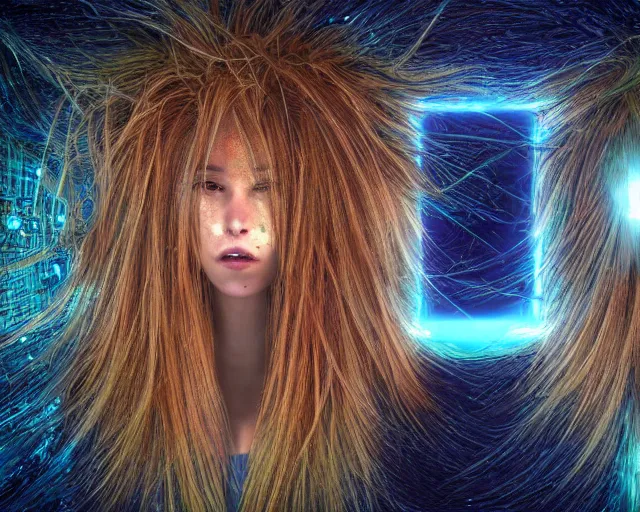 Prompt: glowing hair, supercomputer complex cybernetic beings, beautiful hairy humanoids, cybergods, cybermagnetosphere, cybernetic civilizations, ornate hair, love, joy, vortexes, large arrays, data holograms, 8 k, cinematic light shadows, wet hdr refractions