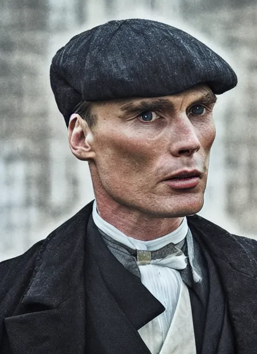 Prompt: Tommy Shelby from Peaky Blinders, Cillian Murphy closeup portrait. flat cap. manga. gritty. Document. photo