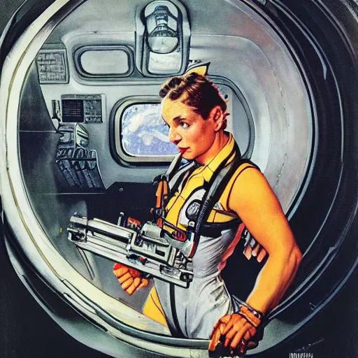 Image similar to portrait of a woman with a bulky sci - fi jumpsuit in a dark and scary spaceship, by norman rockwell