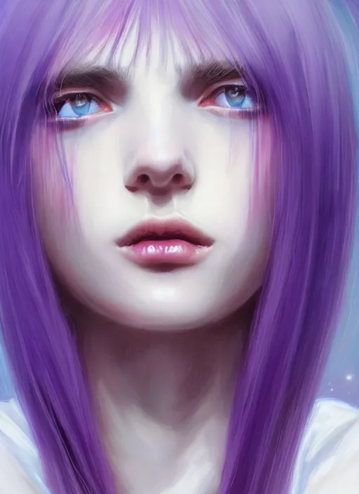 Image similar to hair whitebangs hair, black hair, whitebangs, portrait of teenage girl with white bangs, red irises, purple clothes, white bangs, bangs are different color from hair, intricate, elegant, glowing lights, highly detailed, digital painting, artstation, concept art, smooth, sharp focus, illustration, art by wlop, mars ravelo and greg rutkowski