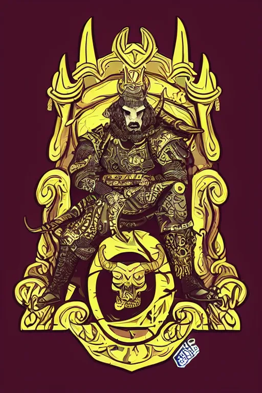 Prompt: A portrait of a bull as evil warlord general on skull throne, sticker, Anthropomorphized, portrait, highly detailed, colorful, illustration, smooth and clean vector curves, no jagged lines, vector art, smooth