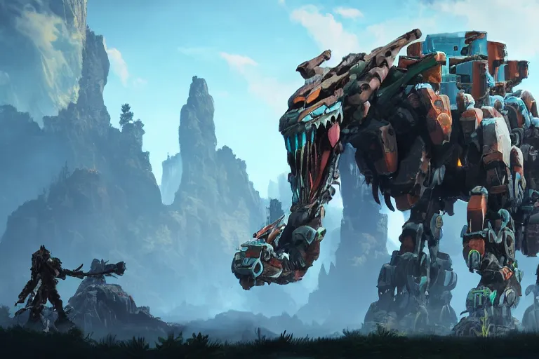 Image similar to tremortusk machine mecha animal beast robot of horizon forbidden west horizon zero dawn bioluminiscence global illumination ray tracing hdr fanart arstation by sung choi and eric pfeiffer and gabriel garza and casper konefal