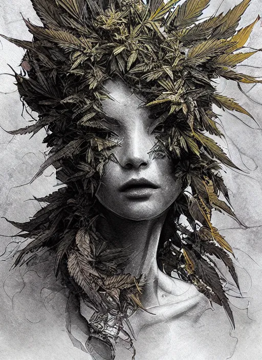 Image similar to Beautiful Female creature made of pot leaves, marijuana, watercolor, dramatic lighting, cinematic, establishing shot, extremely high detail, foto realistic, cinematic lighting, pen and ink, intricate line drawings, by Yoshitaka Amano, Ruan Jia, Kentaro Miura, Artgerm, post processed, concept art, artstation,