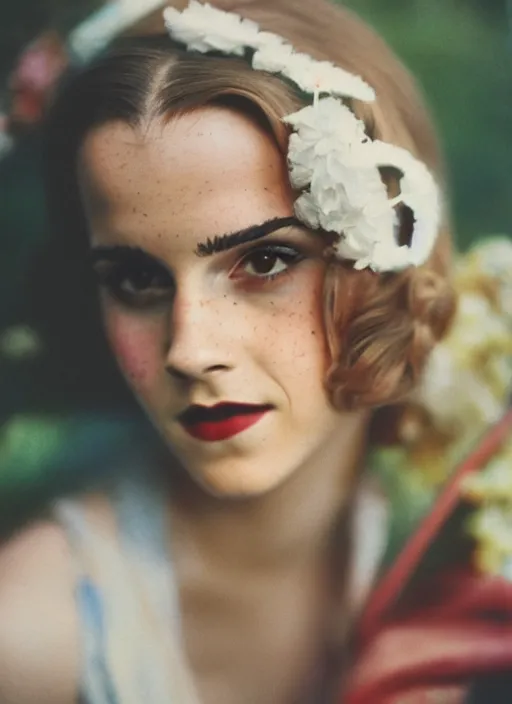 Image similar to Retro color photography 1930s portrait of Emma Watson Cinestill 800T, 1/2 pro mist filter, and 65mm 1.5x anamorphic lens