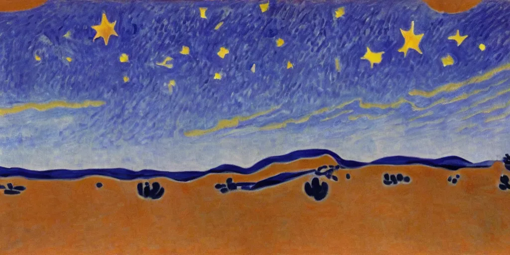 Image similar to desert with sky with stars by henri matisse, cinematic, highly detailed wide, atmospheric lighting