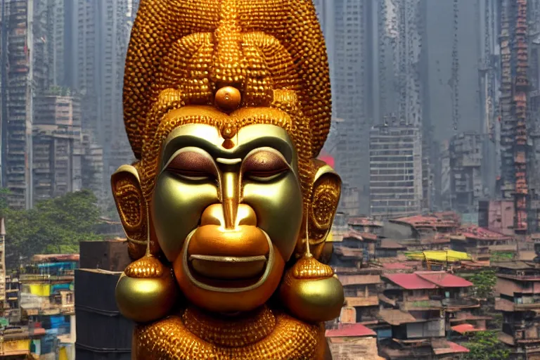 Image similar to high quality 3 d cyberpunk biomorphic hanuman head building in the middle of mumbai!!, kalighat highly detailed, cinematic smooth, stephen shore & john j. park, soft morning light, wide shot, high angle, uhd 8 k, deep focus