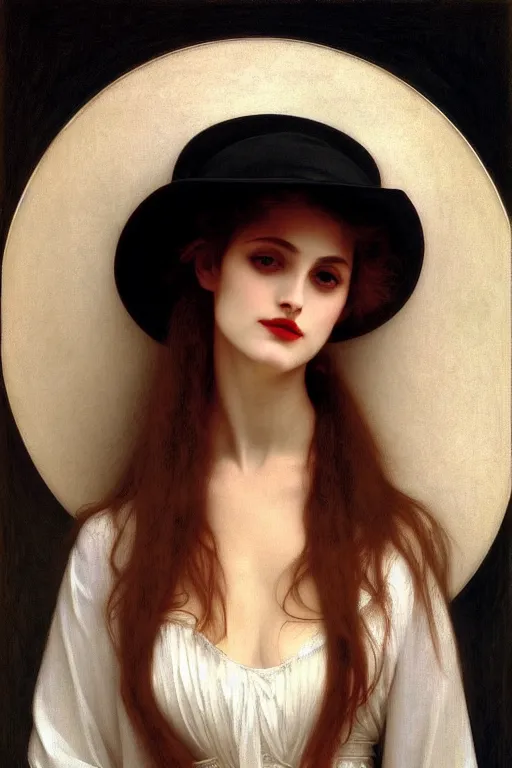 Image similar to vampire in a big hat, painting by rossetti bouguereau, detailed art, artstation