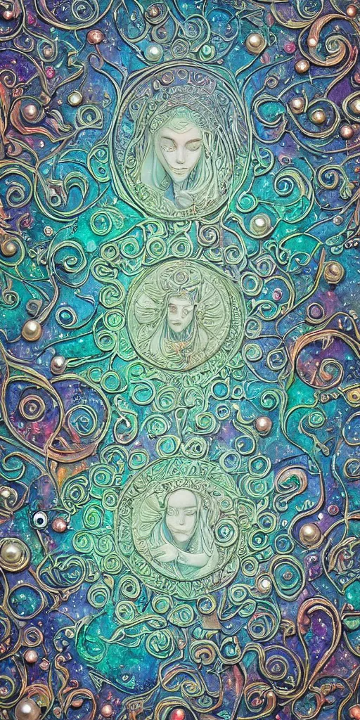 Image similar to intricate colourfully painted carved Soapstone relief paneling, iridescent, pearl and pale blue toned, celestial, cosmos, galaxies, planets, divinity, moon goddess, mother earth, Earth Goddess mythology, Gaia, angels, dream atmosphere, bright colors, vivid colors, Ghostly, crystaline celtic, insanly detailed , artstation, wallpaper, hyper realistic, realistic lighting