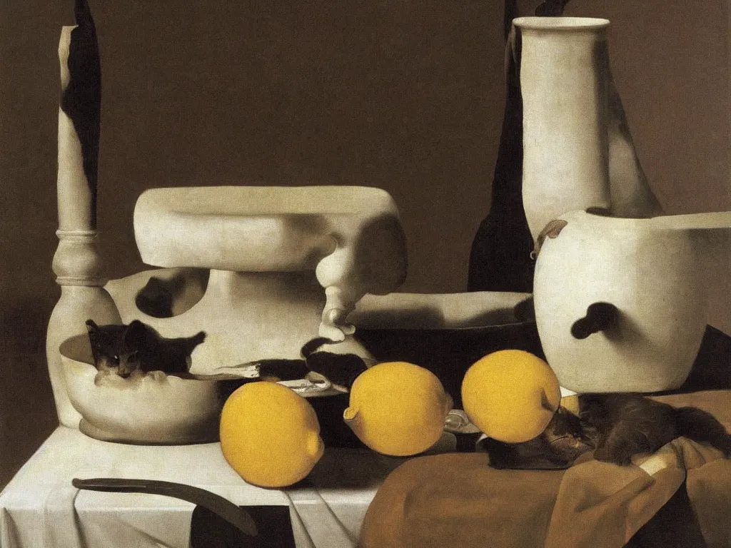 Image similar to Cat breaking white vase, tableware. Still life. Painting by Zurbaran.