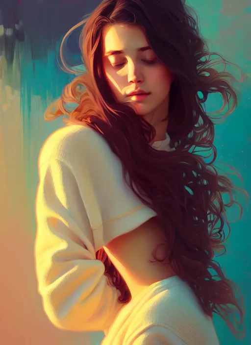 Image similar to attractive young women with shoulder length brown hair, half body shot, path traced, highly detailed, high quality, digital painting, alena aenami, lilia alvarado, shinji aramaki, karol bak, alphonse mucha, tom bagshaw