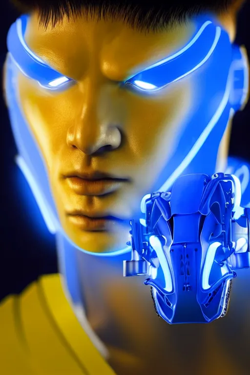 Prompt: hyperrealistic close-up blue glow exoskeleton!! chinese man covered highly detailed concept art eric zener elson peter cinematic side soft yellow light low angle hd 8k sharp shallow depth of field