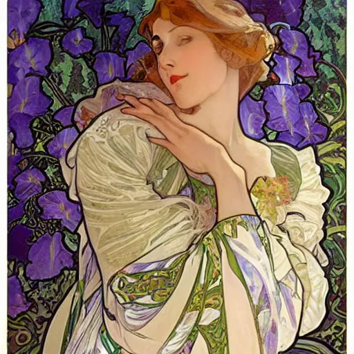 Prompt: a seamless pattern of irises and calla lilies, art by alphonse mucha, art by sherree valentine daines