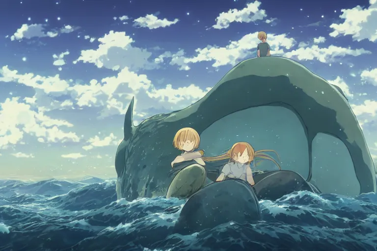 Image similar to a vast scene, panorama distant view, anime art full body portrait character concept art, hyper detailed scene render of the girl sat on the back of the whale, anime key visual of children of the sea, finely detailed perfect face, on the sea, makoto shinkai, violet evergarden, studio ghibli, james jean, hayao miyazaki, extremely high quality artwork