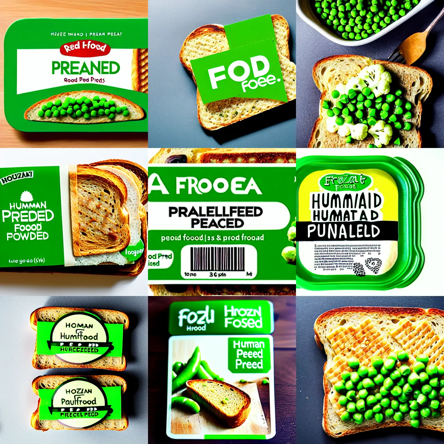 Prompt: a photo of a real food product. Human Food label, frozen toast with peas and cauliflower.