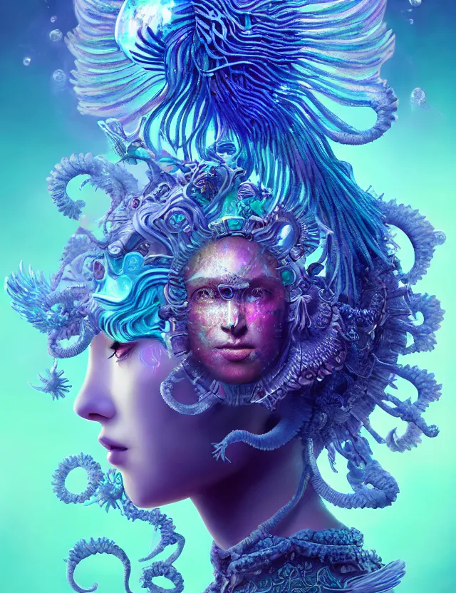 Prompt: goddess macro 3 / 4 profile portrait with crown made of ram skull. betta fish, jellyfish phoenix, bioluminiscent, plasma, ice, water, wind, creature, super intricate ornaments artwork by tooth wu and wlop and beeple and greg rutkowski