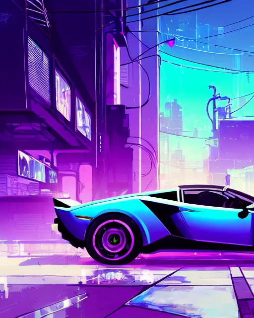 Image similar to digital illustration of cyberpunk pretty girl with blue hair, looking at a purple lamborghini, in junkyard at night, by makoto shinkai, ilya kuvshinov, lois van baarle, rossdraws, basquiat