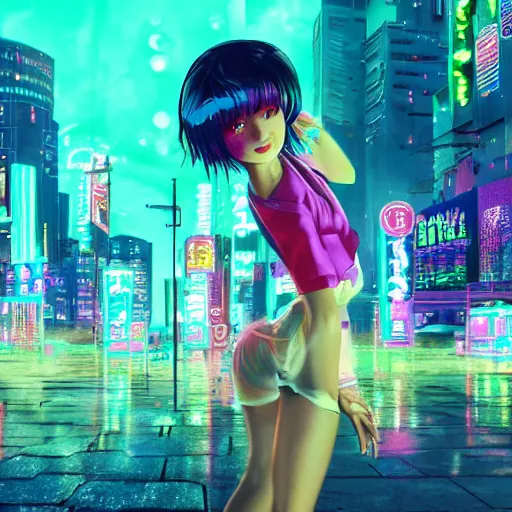 Image similar to city pop idol dancing in the apocalypse cyberpunk, accurate features, focus, very intricate ultrafine details, masterpiece, 8 k hd, realistic shaded lighting, detailed render, detailed backgrounds, epic composition, soft neon lights, rain