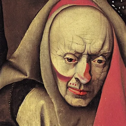 Image similar to close up on queen elizabeth face painted as a poor beggar by hieronymus bosch