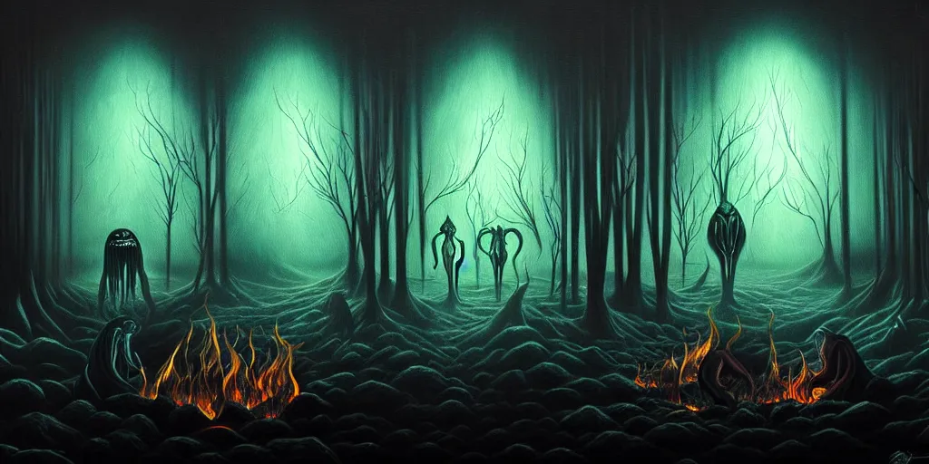 Prompt: creatures lurking in the collective unconscious, dramatic lighting from warm fire glow, in a dark surreal painting by ronny khalil