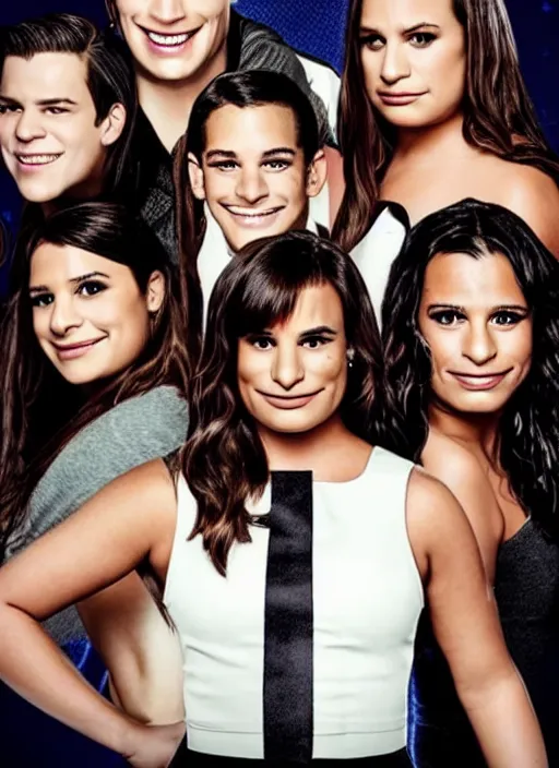 Image similar to glee sequel poster where rachel berry is the villain, evil, lea michele, with text, airing in 2 0 2 3