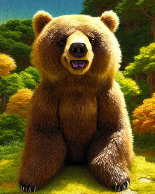 Image similar to a bear rabbit hybrid, sitting in tokyo, unique, sunny day, highly detailed, masterpiece, award winning, realistic, art by thomas cole and studio ghibli