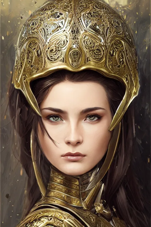 Image similar to attractive young female wearing an ornate metallic helmet, clothed in battle armor, olive skin, long dark hair, beautiful bone structure, symmetrical facial features, intricate, elegant, highly detailed, digital painting, trending on Artstation, concept art, smooth, sharp focus, illustration, art by artgerm and greg rutkowski and alphonse mucha