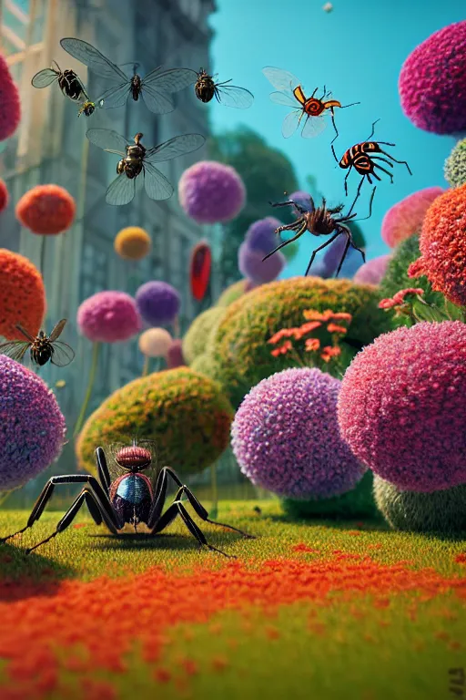 Image similar to super detailed color art, a lot of small garden flowers, A multiverse of insects and spiders, unreal engine, wes anderson color palette, 3d render, colorful, digital art