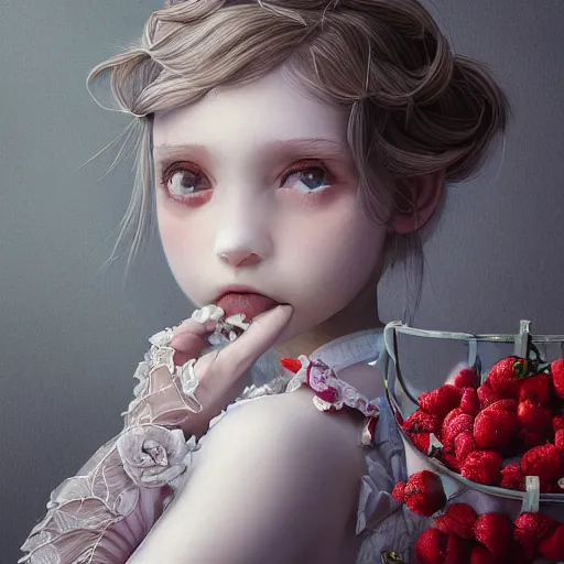 Prompt: the portrait of the absurdly beautiful, graceful, elegant, sophisticated, fashionable little girl made of strawberries and white petals looking down, an ultrafine hyperdetailed illustration by kim jung gi, irakli nadar, intricate linework, bright colors, octopath traveler, final fantasy, unreal engine 5 highly rendered, global illumination, radiant light, detailed and intricate environment