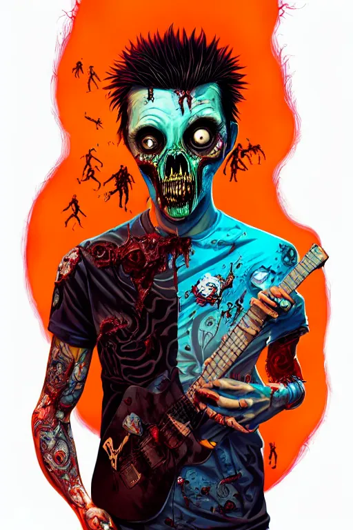 Image similar to zombie punk guitarist, tristan eaton, victo ngai, artgerm, rhads, ross draws, intricated details, 3 / 4 view, full body portrait