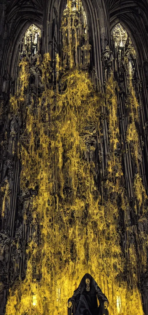 Image similar to a tall pale humanoid being sitting upon an ornate stone throne, 4K, digital art, horror, dramatic, wearing a long yellow rotting garment, dark, hyperrealistic, perspective, complex black church background with volumetric lights coming in through cathedral windows,