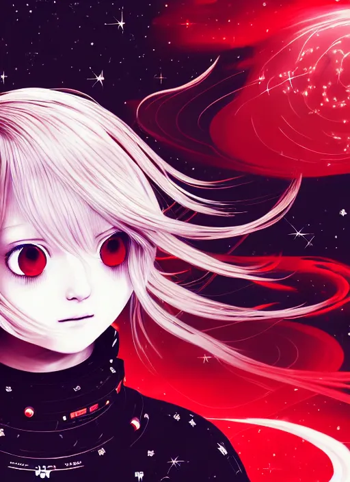 Prompt: highly detailed portrait of a hopeful pretty astronaut lady with a wavy blonde hair, by Katsushika Hosukai , 4k resolution, nier:automata inspired, bravely default inspired, vibrant but dreary but upflifting red, black and white color scheme!!! ((Space nebula background))