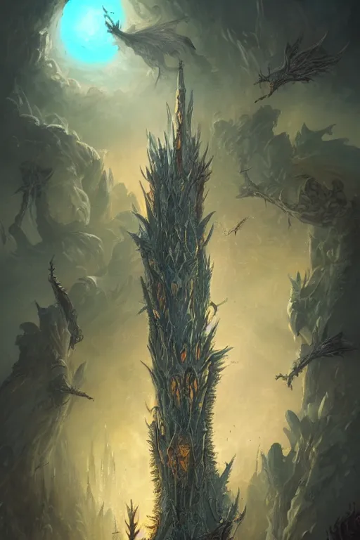 Image similar to !dream Detailed Exterior Shot of Dragon head Tower of Alexandria, light of sorrow, moonlight shafts, swarm of bats, dim atmosphere, in Style of Peter Mohrbacher, cinematic lighting