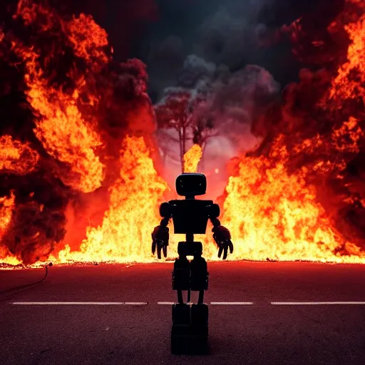 Prompt: cinematic shot of a tall all-black metallic humanoid robot with glowing red eyes holding a machine gun and walking through the burning ruins of a luxury casino filled with smoke, 8k, dslr, epic, dramatic,