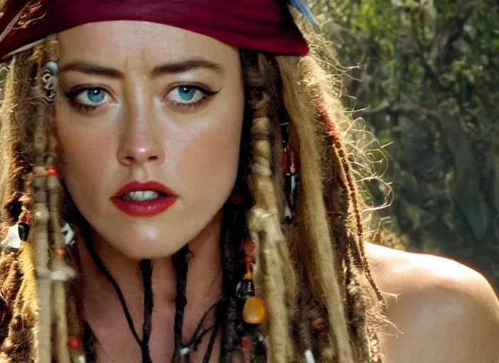 Image similar to film still of amber heard as captain jack sparrow on a desert island in the new pirates of the carribean movie, 4 k