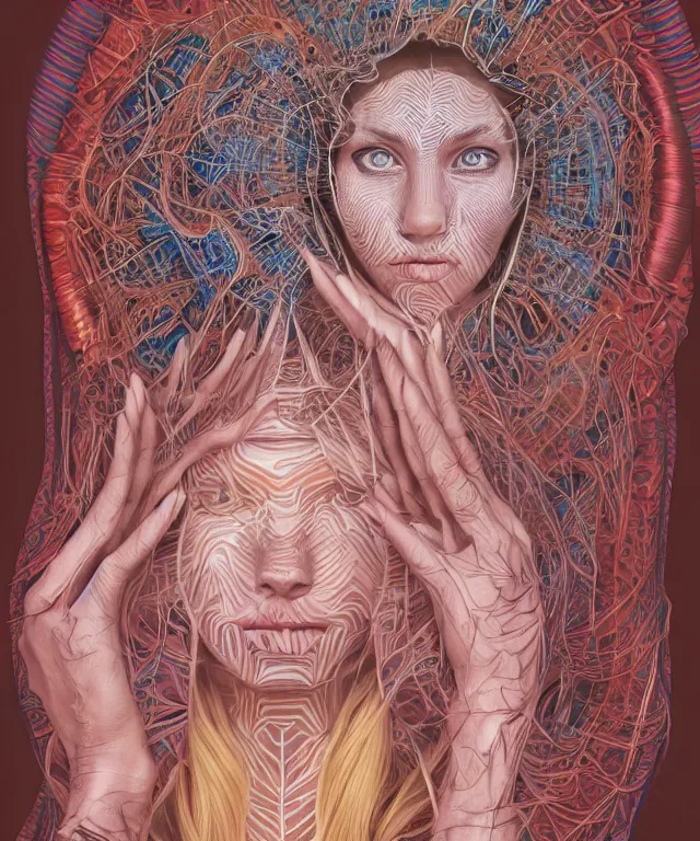 Prompt: An epic photo illustration of female symmetrical portrait by Michael Sydney Moore, Alex Grey, hyper detailed, 50mm, award winning photography