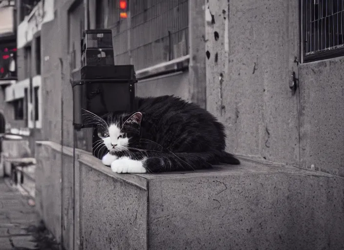 Prompt: photography of a Cat sitting on a box. in a cyberpunk street, award winning photo, 100mm, sharp, high res