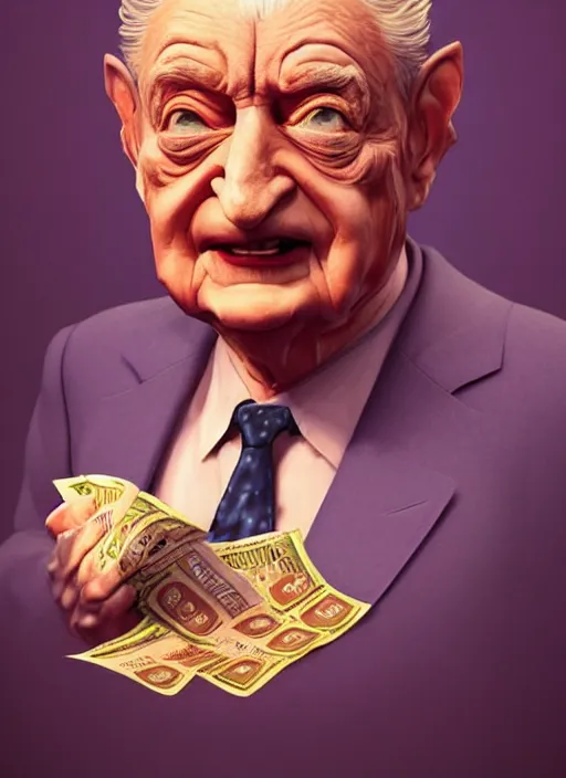 Prompt: colourful caricature - 3 d vfx art - portrait of a george soros with money all around hime, art style by james jean & hsiao - ron cheng, character concept art, unreal engine render, digital illustration, sharp, intricate detail, volumetric light, ray tracing, soft light, symmetric, pinterest, artstation, behance,