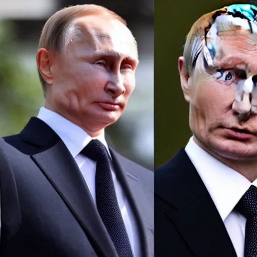 Image similar to putin teams up with a teenage putin, perfect faces