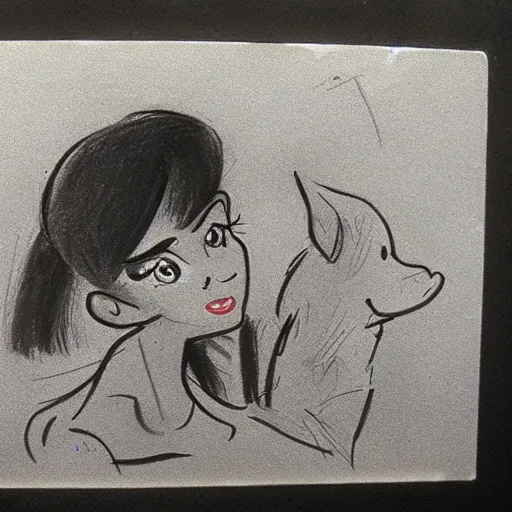 Image similar to milt kahl sketch of black hair cuban girl with dog nose