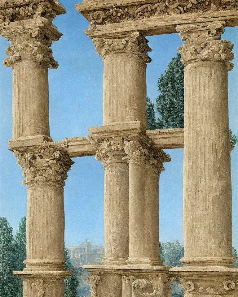 Image similar to achingly beautiful painting of intricate ancient roman ionic capital on a baby blue background by rene magritte, monet, and turner. giovanni battista piranesi.