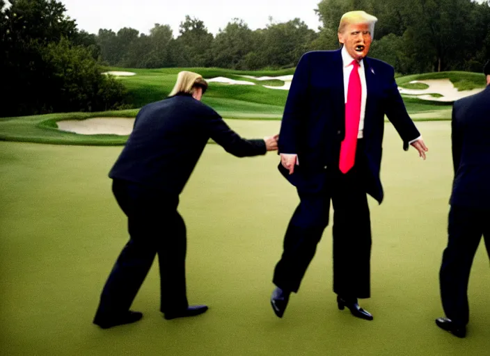 Prompt: Donald Trump with hands behind back taken away by two young FBI agents wearing uniforms at golf course, photo by Alex Webb, photo by James Nachtwey