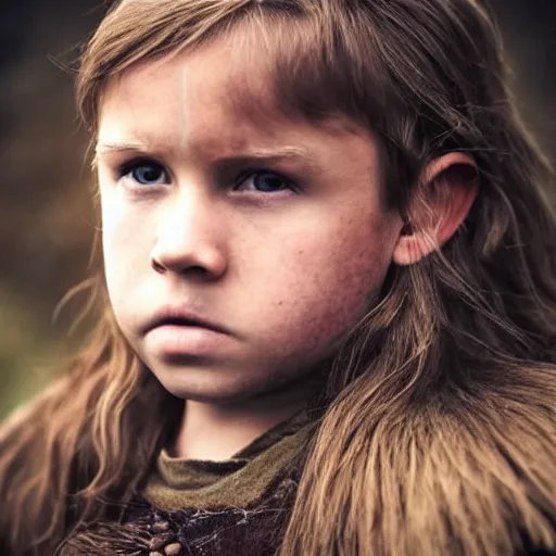 Prompt: hyperrealistic photograph of a brown-haired viking child, 8k, profile picture, cinematic, high contrast, epic real fantasy, stoic facial expression, looking at the camera