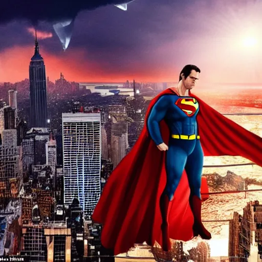 Image similar to Incredible cinematic realistic image of Henry Cavill dressing up the cape as Superman at top of empire state fighting a giant kaiju, destruction over new york, hyper real, intrincate, cinematic global ilumination, dawn, lens flare