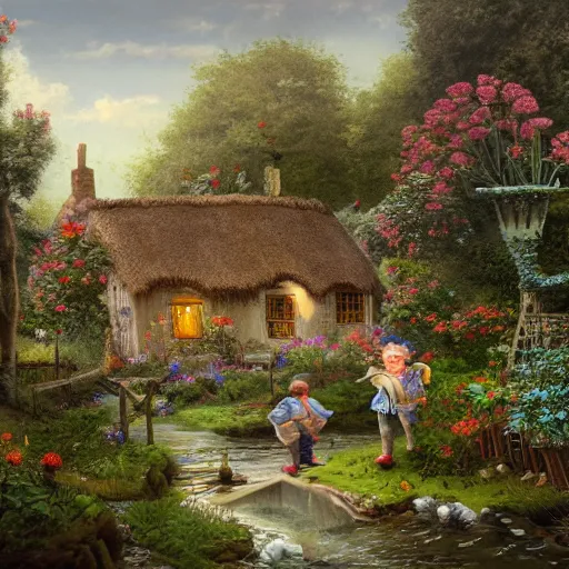 Prompt: folk art, old english cottage by a creek, flower garden, children playing in the yard, lowbrow, matte painting, 3 - d highly detailed, style of greg simkins