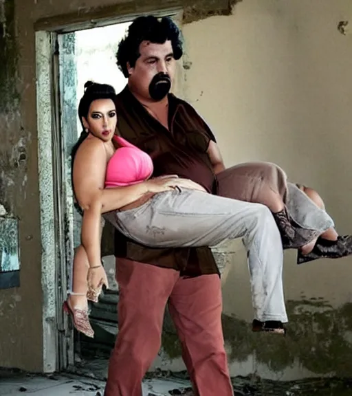 Image similar to Pablo Escobar carrying kim kardashian into a derelict mafia mansion