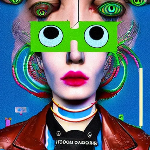 Image similar to dadaism futurism surreal dystopic girl with 7 eyes