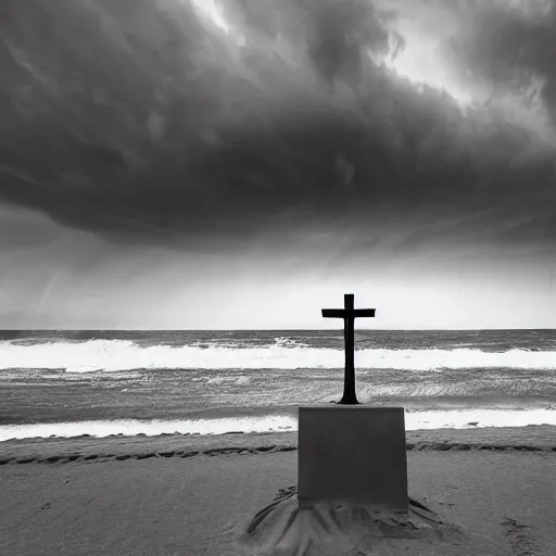 Image similar to a highly detailed black and white matte painting of a large cross standing on the beach as a storm comes in with the tide, woman sitting in the sand watching the ocean, epic fantasy, god rays, rocky beach, ultrawide lense, aerial photography, unreal engine, exquisite detail, 8 k, art by albert bierstadt and greg rutkowski and alphonse mucha