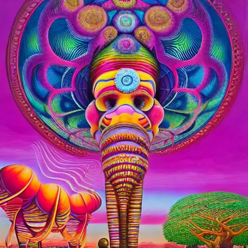 Image similar to a regal and elegant african queen with a colorful afro sitting in a cabana on top of an extremely large steampunk elephant near a pink lake with a large glowing baobab tree, by amanda sage and alex grey and evgeni gordiets in a surreal psychedelic style, oil on canvas 8k, hd