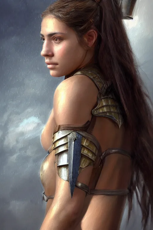 Image similar to a photorealistically painted portrait of an attractive young girl, partially clothed in battle armor, with an abstractly painted background, flawless olive skin, fair complexion, long dark hair, beautiful bone structure, perfectly symmetric facial features, perfect photorealistic eyes, natural physique, intricate, elegant, digital painting, concept art, finely detailed, beautifully illustrated, sharp focus, minimal artifacts, volumetric lighting, from Metal Gear, by Ruan Jia and Mandy Jurgens and Artgerm and William-Adolphe Bouguerea, in the style of Greg Rutkowski, trending on Artstation, award winning art