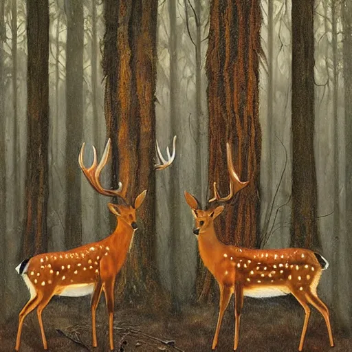 Image similar to a painting of deer in tiger skin and normal deer facing each other, their heads bowed towards ground by esao andrews